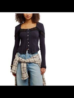 NWT free people women’s let’s party square neck button front top black large